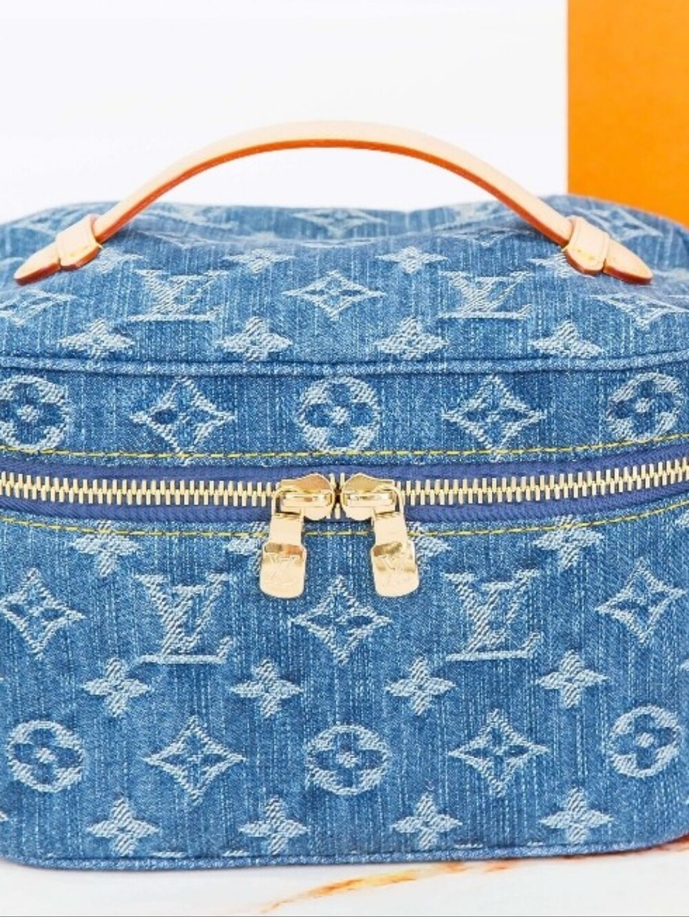 Remixed Light Wash Denim Monogram Vanity Case with Gold Hardware Zip Around